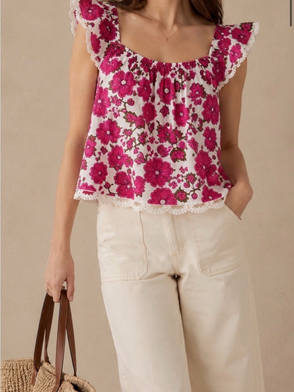Jennifer & Grace Floral Crochet Trim Peasant Top Pink White Cotton